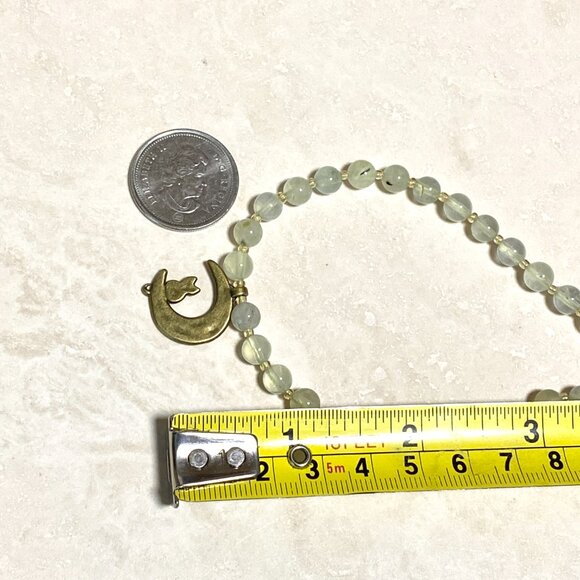Genuine Gemstone Pale Green Prehnite Bronze Cat on the Moon Beaded Necklace - Picture 9 of 11